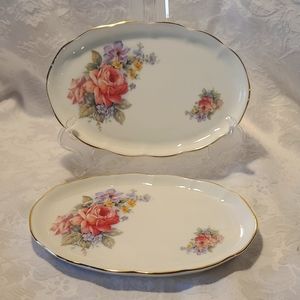PAIR of Heirloom Eng Bone China small Rose Floral Tea Trays/Small Plates